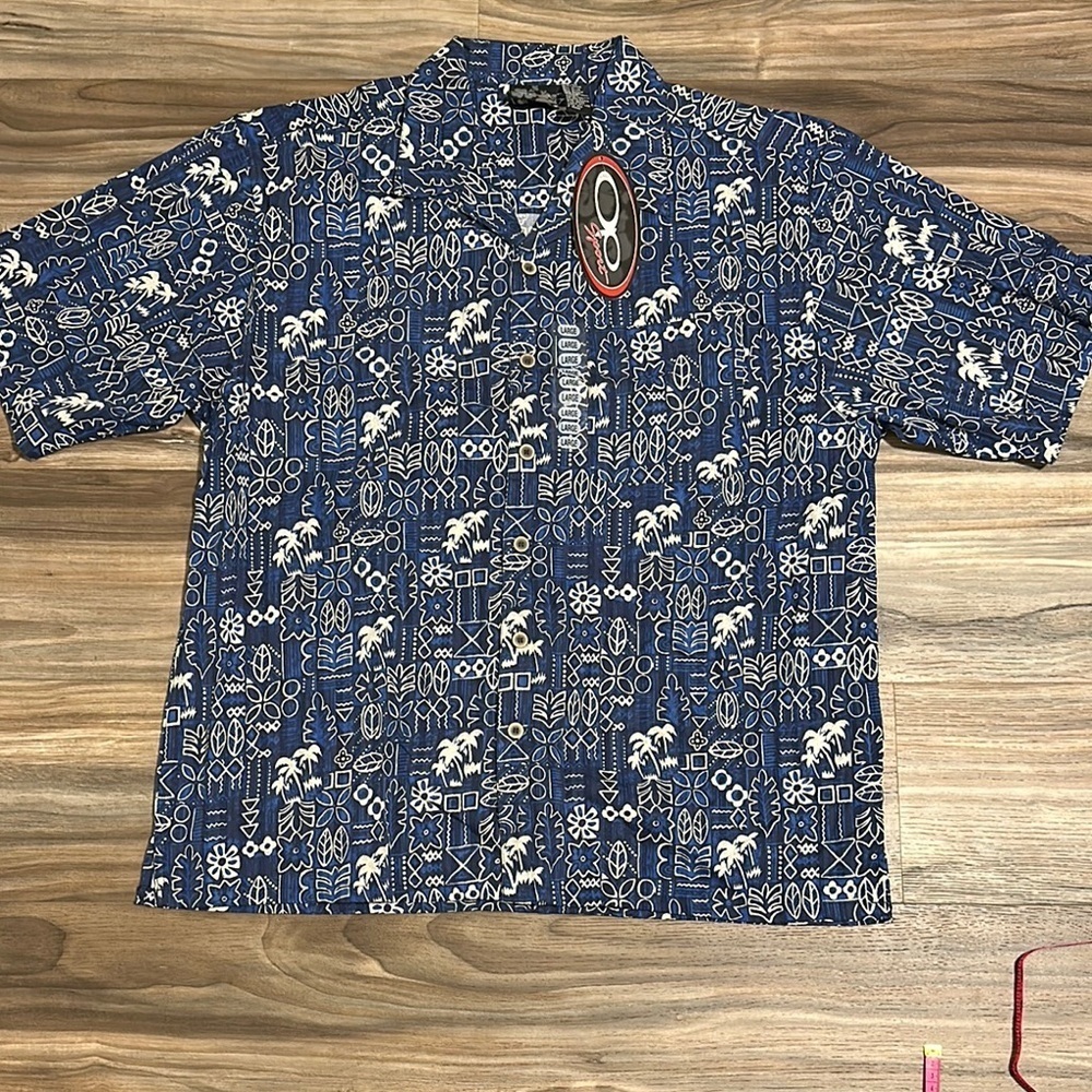 OP Sport Ocean Pacific Hawaiian Shirt Mens L Bkue White Tapa Print Tropical Luau